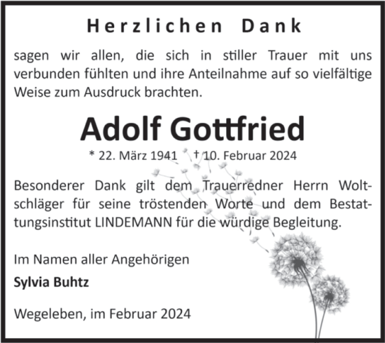 Traueranzeige von Adolf Gottfried von Volksstimme Halberstadt