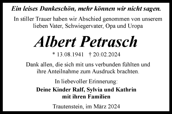Traueranzeige von Albert Petrasch von Volksstimme Wernigerode