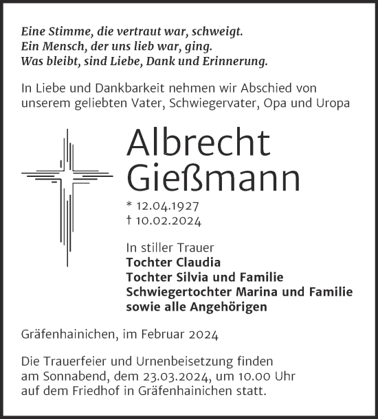 Traueranzeige von Albrecht Gießmann von Trauerkombi Wittenberg