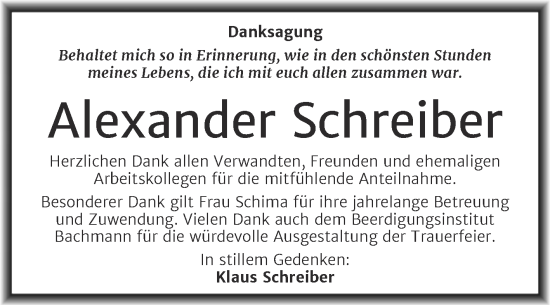 Traueranzeige von Alexander Schreiber von Trauerkombi Dessau