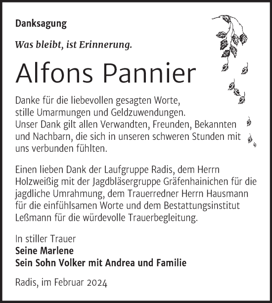 Traueranzeige von Alfons Pannier von Trauerkombi Wittenberg