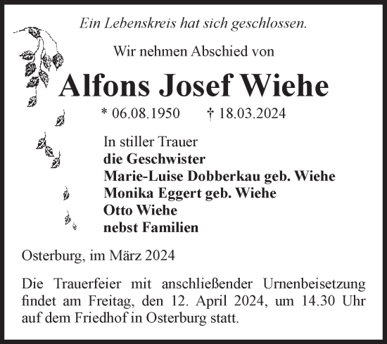 Traueranzeige von Alfons Josef Wiehe von Volksstimme Altmark Ost