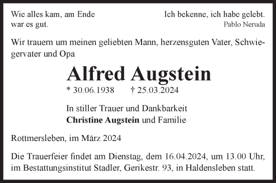 Traueranzeige von Alfred Augstein von Volksstimme Haldensleben/Wolmirstedt