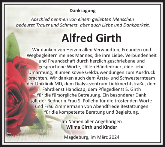 Traueranzeige von Alfred Girth von Volksstimme Magdeburg