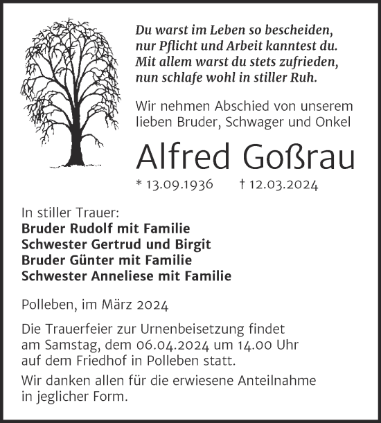 Traueranzeige von Alfred Goßrau von Trauerkombi Mansfelder Land