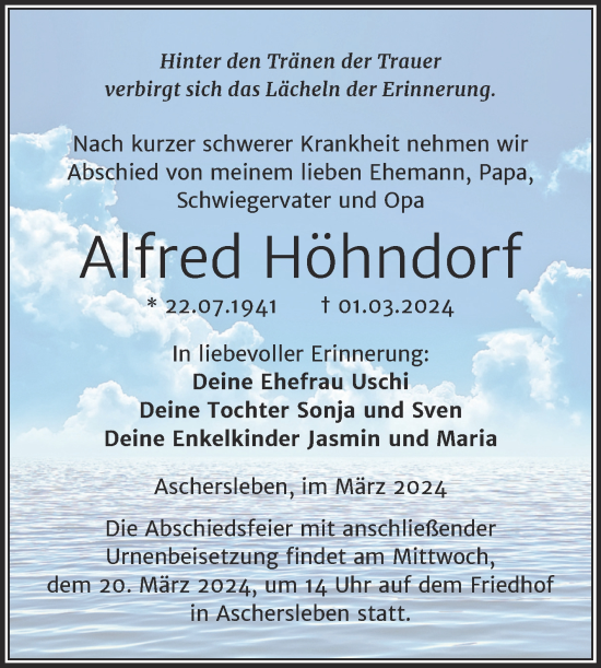 Traueranzeige von Alfred Höhndorf von Trauerkombi Aschersleben