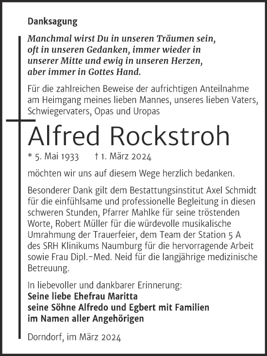Traueranzeige von Alfred Rockstroh von Super Sonntag Naumburg/Nebra
