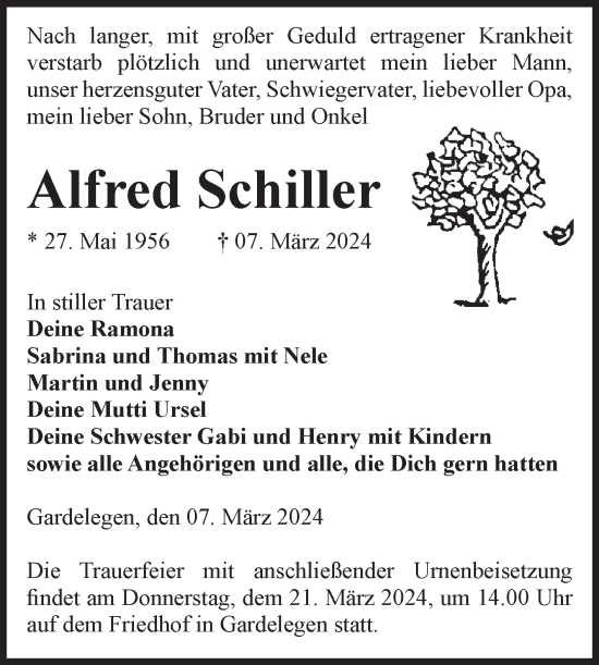Traueranzeige von Alfred Schiller von Volksstimme Altmark West