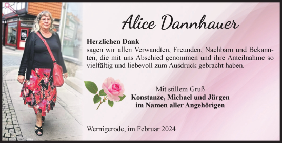 Traueranzeige von Alice Dannhauer von Volksstimme Wernigerode