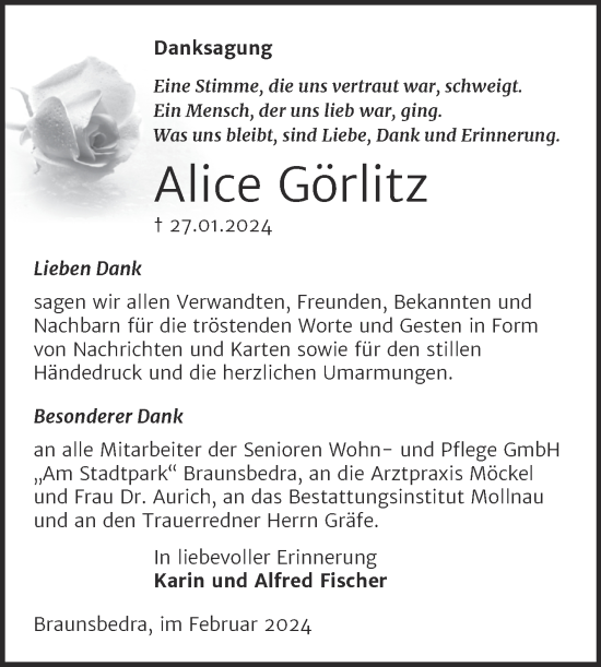 Traueranzeige von Alice Görlitz von Trauerkombi Merseburg