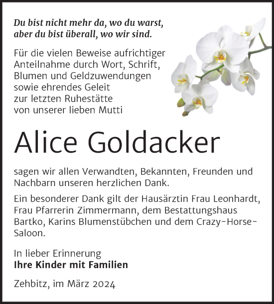Traueranzeige von Alice Goldacker von Trauerkombi Köthen