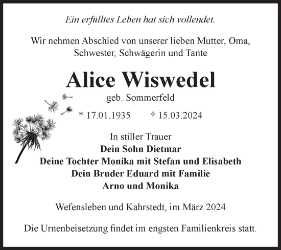 Traueranzeige von Alice Wiswedel von Volksstimme Oschersleben/Wanzleben