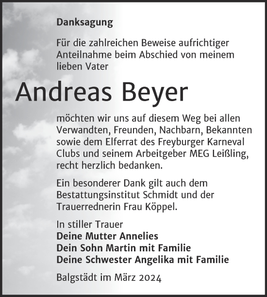 Traueranzeige von Andreas Beyer von Super Sonntag Naumburg/Nebra