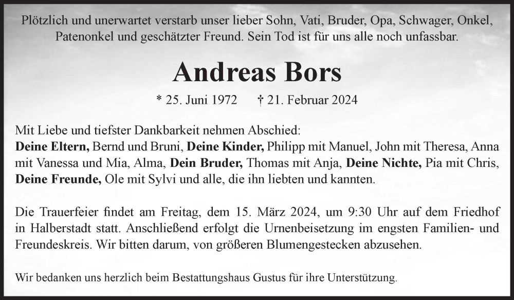  Traueranzeige für Andreas Bors vom 02.03.2024 aus Volksstimme Halberstadt
