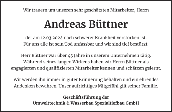 Traueranzeige von Andreas Büttner von Mitteldeutsche Zeitung Mansfelder Land