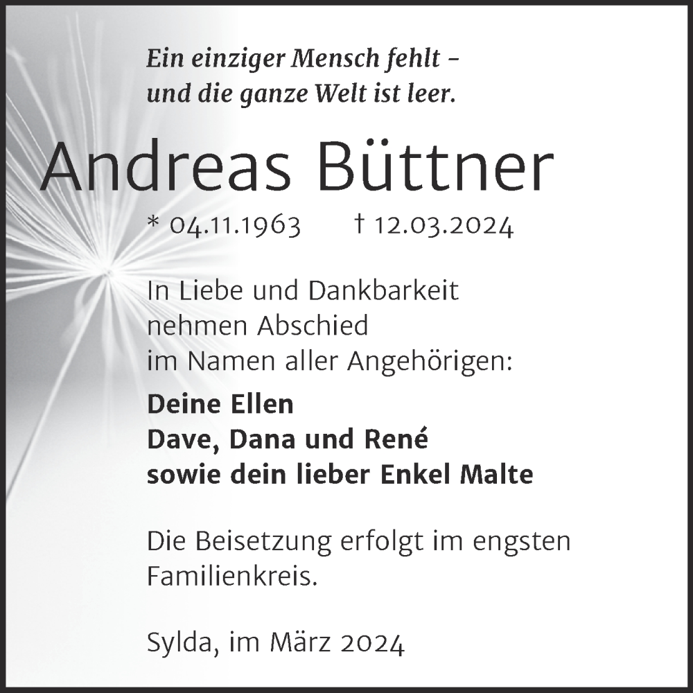  Traueranzeige für Andreas Büttner vom 23.03.2024 aus Trauerkombi Aschersleben