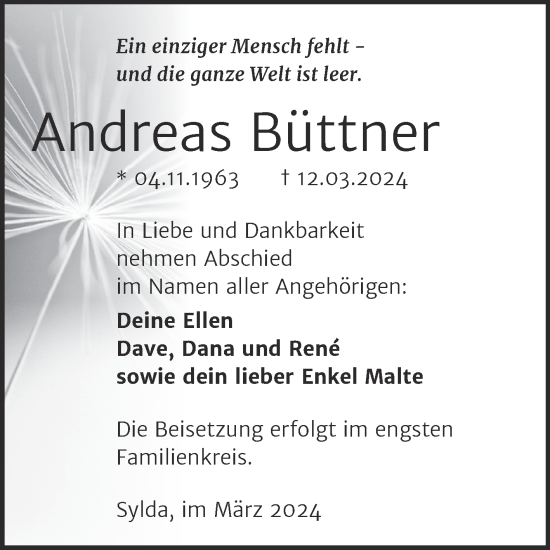 Traueranzeige von Andreas Büttner von Trauerkombi Aschersleben