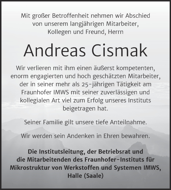 Traueranzeige von Andreas Cismak von Mitteldeutsche Zeitung Halle/Saalkreis