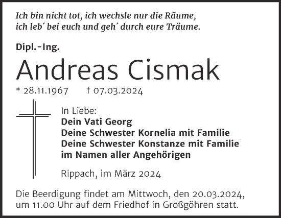Traueranzeige von Andreas Cismak von Mitteldeutsche Zeitung Weißenfels