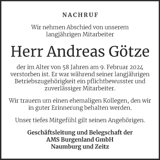 Traueranzeige von Andreas Götze von Super Sonntag Zeitz