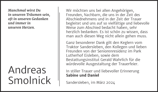 Traueranzeige von Andreas Smolnick von Trauerkombi Mansfelder Land