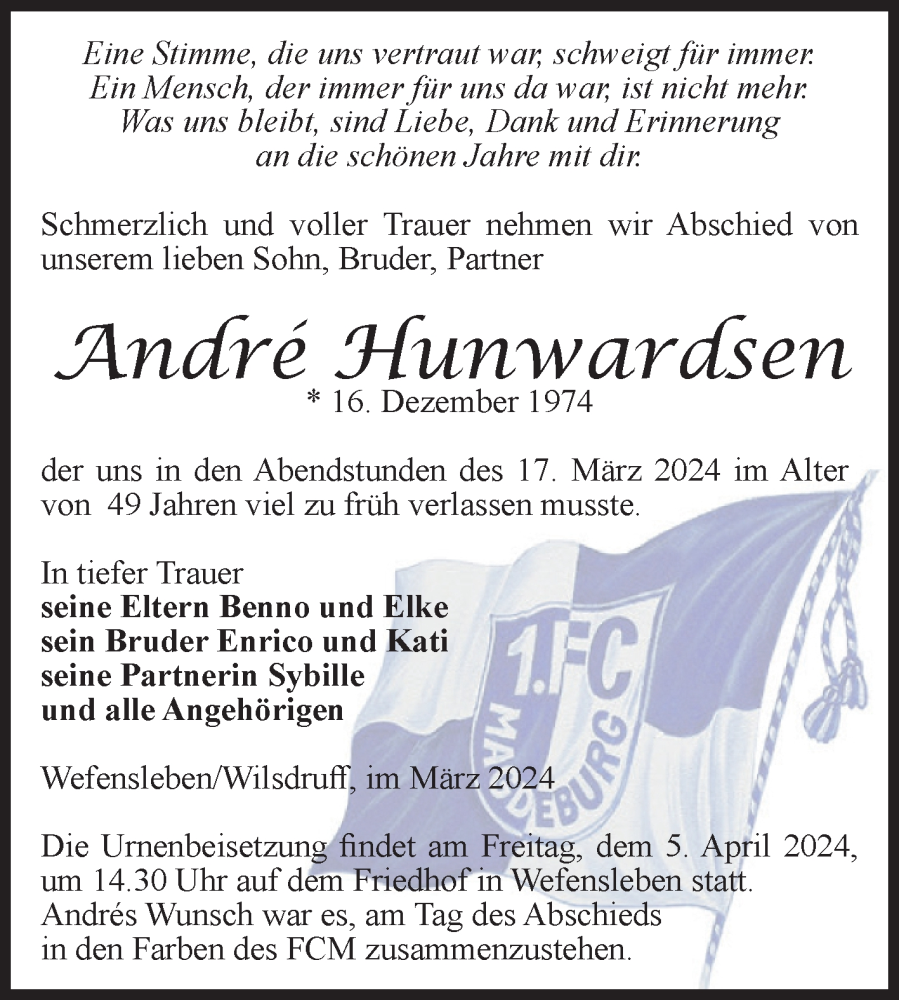  Traueranzeige für André Hunwardsen vom 23.03.2024 aus Volksstimme Oschersleben/Wanzleben