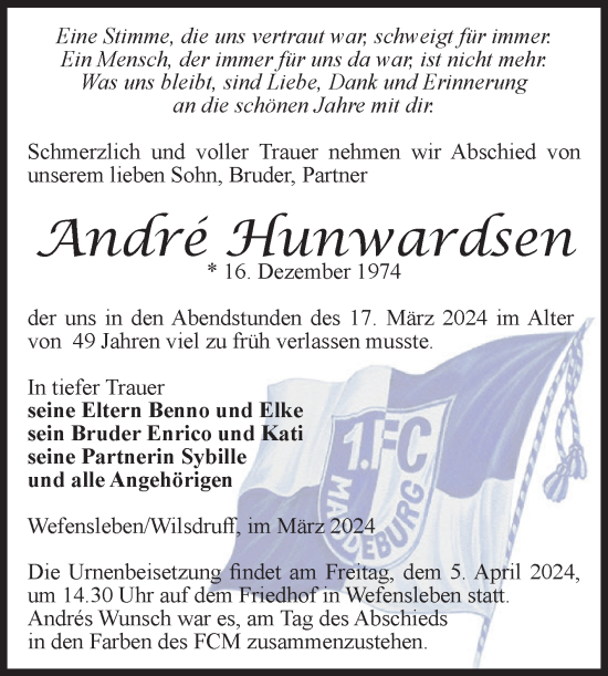 Traueranzeige von André Hunwardsen von Volksstimme Oschersleben/Wanzleben