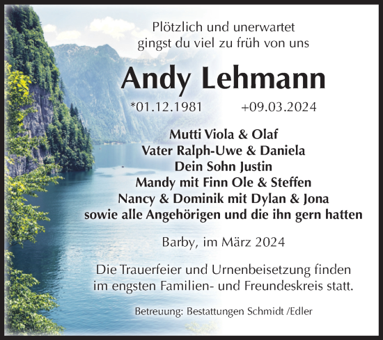 Traueranzeige von Andy Lehmann von Volksstimme Schönebeck