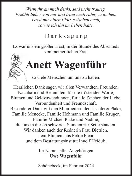 Traueranzeige von Anett Wagenführ von Volksstimme Schönebeck