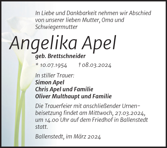 Traueranzeige von Angelika Apel von Trauerkombi Quedlinburg