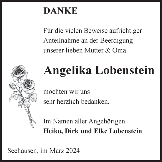 Traueranzeige von Angelika Lobenstein von Volksstimme Altmark Ost