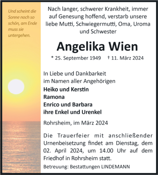 Traueranzeige von Angelika Wien von Volksstimme Halberstadt