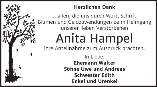 Traueranzeige von Anita Hampel von Trauerkombi Dessau