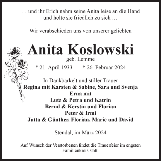 Traueranzeige von Anita Koslowski von Volksstimme Altmark Ost