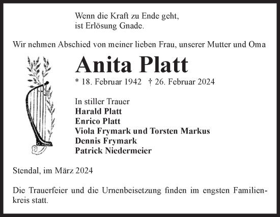 Traueranzeige von Anita Platt von Volksstimme Altmark Ost