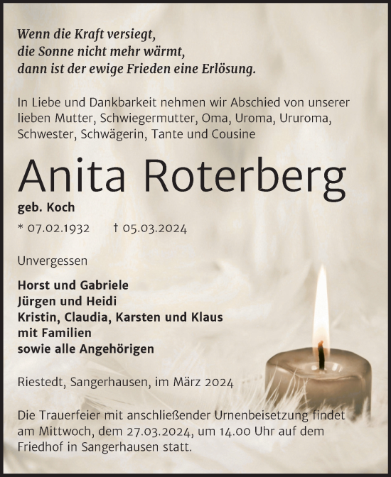 Traueranzeige von Anita Roterberg von Trauerkombi Sangerhausen