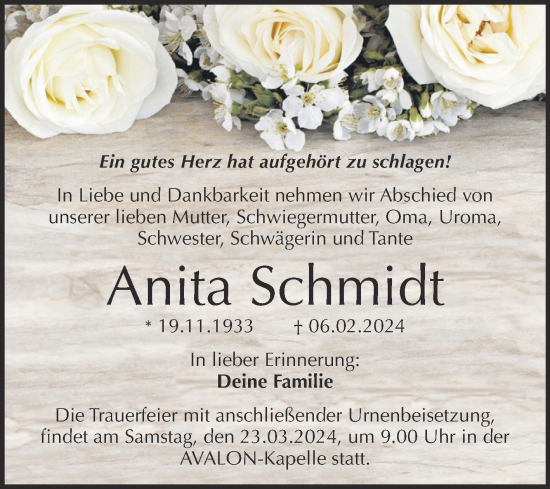 Traueranzeige von Anita Schmidt von Mitteldeutsche Zeitung Halle/Saalkreis