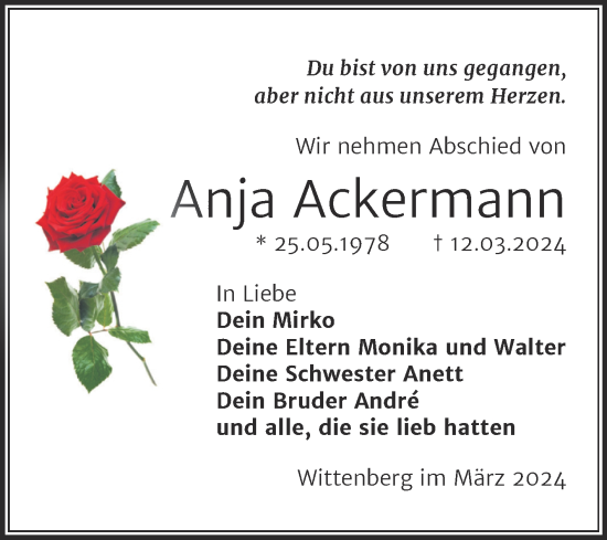 Traueranzeige von Anja Ackermann von Trauerkombi Wittenberg