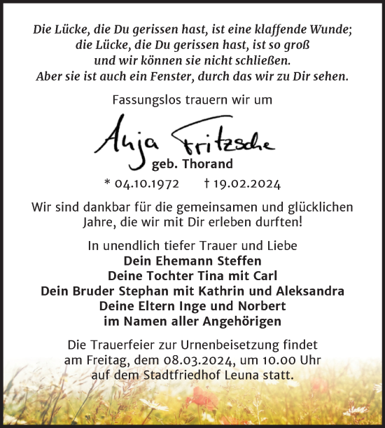 Traueranzeige von Anja Fritzsche von Mitteldeutsche Zeitung Halle/Saalkreis