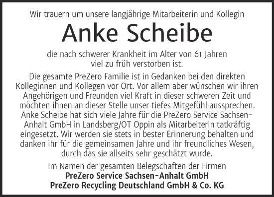 Traueranzeige von Anke Scheibe von Mitteldeutsche Zeitung Halle/Saalkreis
