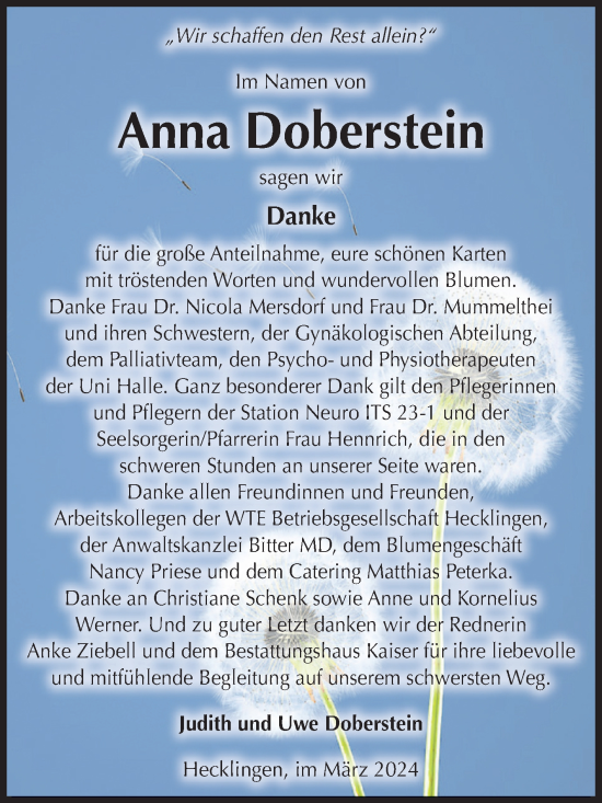 Traueranzeige von Anna Doberstein von Volksstimme Staßfurt