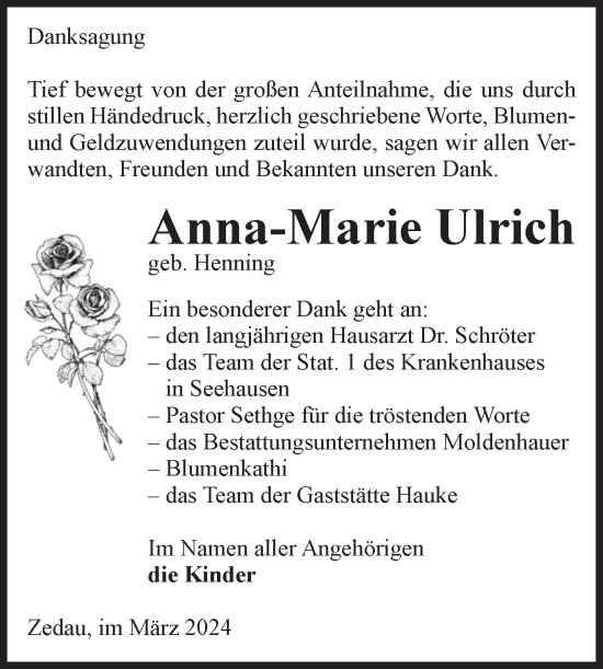 Traueranzeige von Anna-Marie Ulrich von Volksstimme Altmark Ost