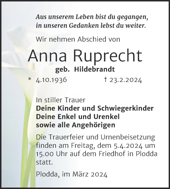 Traueranzeige von Anna Ruprecht von Trauerkombi Bitterfeld