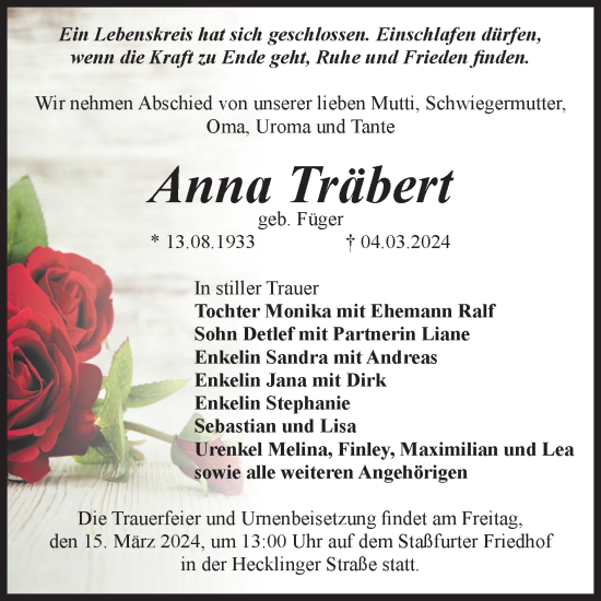 Traueranzeige von Anna Träbert von Volksstimme Staßfurt