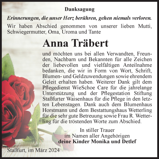 Traueranzeige von Anna Träbert von Volksstimme Staßfurt