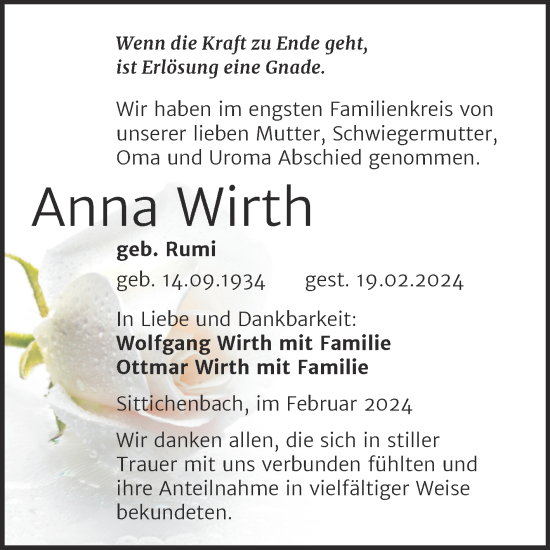Traueranzeige von Anna Wirth von Trauerkombi Mansfelder Land