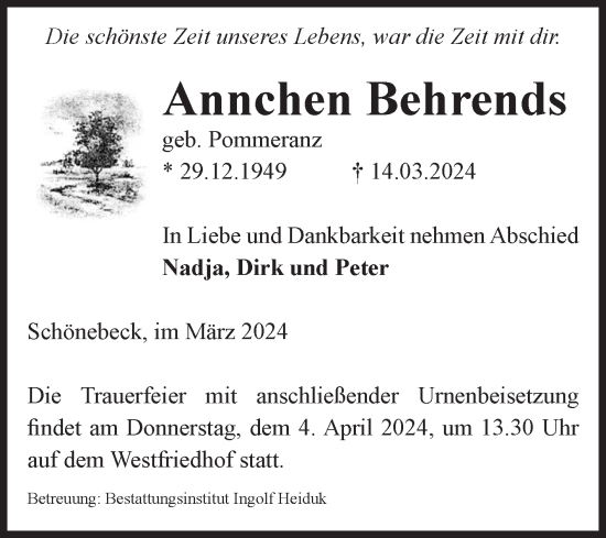 Traueranzeige von Annchen Behrends von Volksstimme Schönebeck