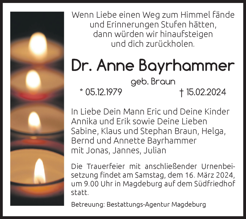  Traueranzeige für Anne Bayrhammer vom 02.03.2024 aus Volksstimme Burg/Genthin