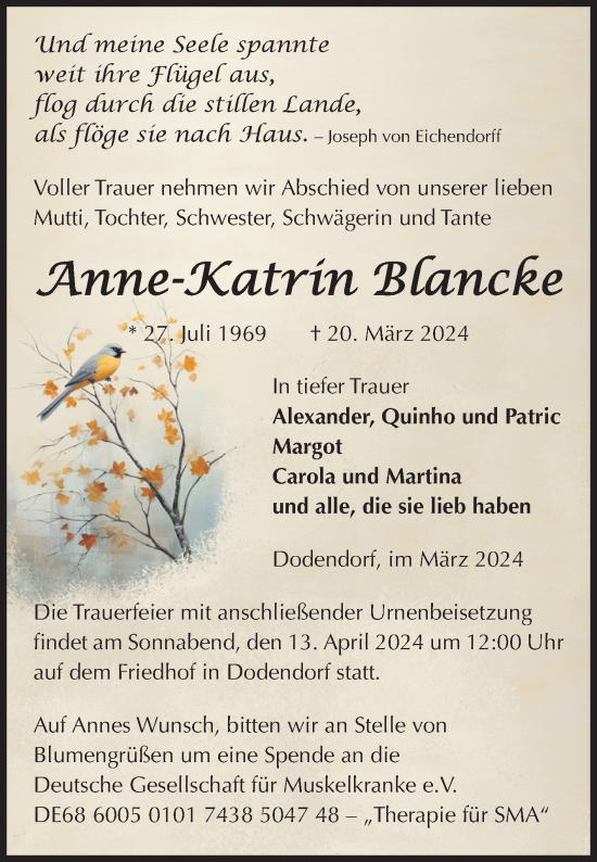 Traueranzeige von Anne-Katrin Blancke von Volksstimme Oschersleben/Wanzleben