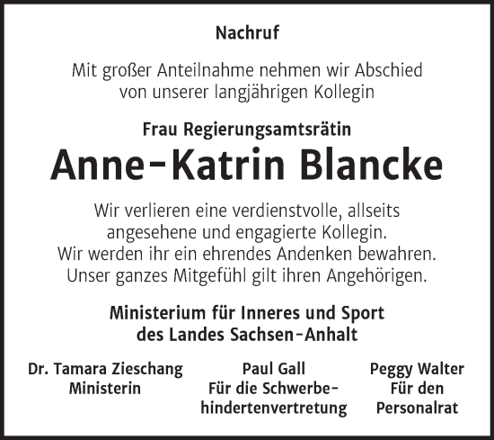Traueranzeige von Anne-Katrin Blancke von Volksstimme Magdeburg
